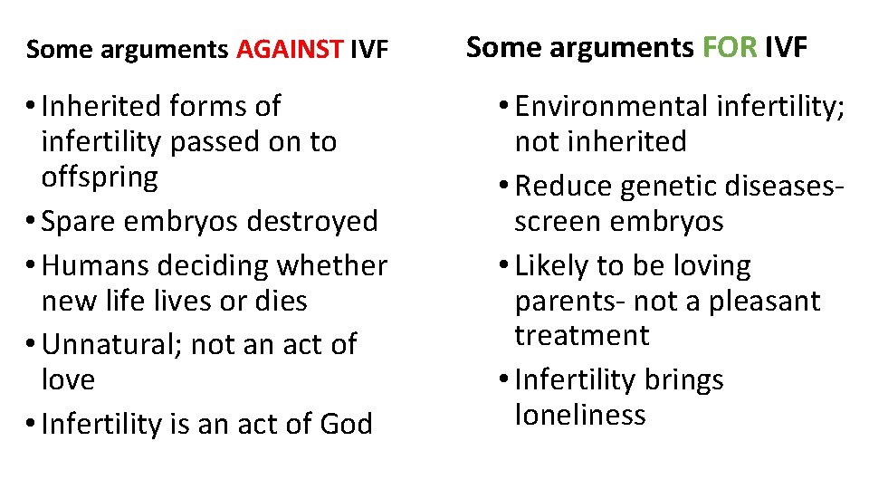 Some arguments AGAINST IVF • Inherited forms of infertility passed on to offspring •