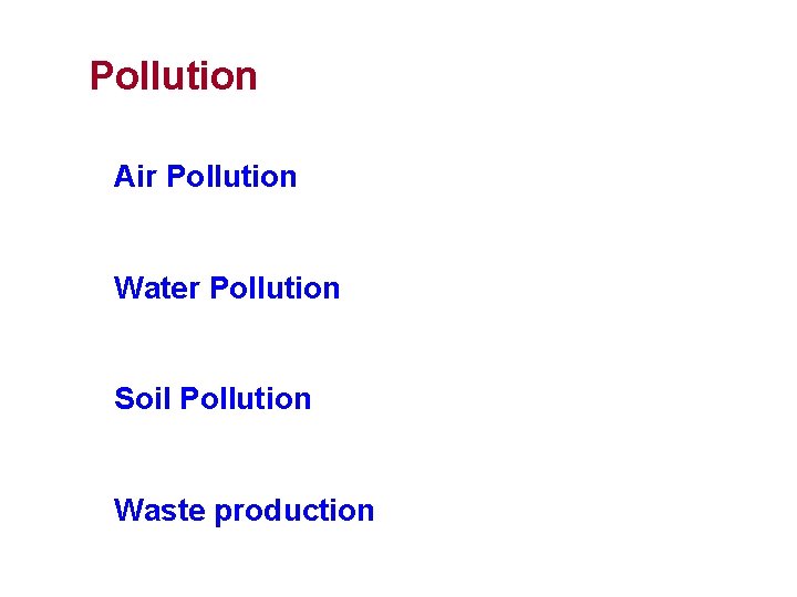  Pollution Air Pollution Water Pollution Soil Pollution Waste production 
