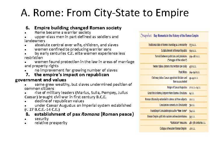 A. Rome: From City State to Empire 6. Empire building changed Roman society Rome