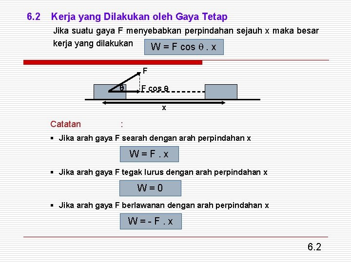 6. 2 Kerja yang Dilakukan oleh Gaya Tetap Jika suatu gaya F menyebabkan perpindahan