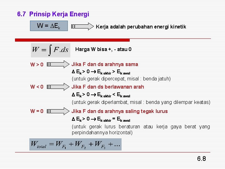 6. 7 Prinsip Kerja Energi W = Ek Kerja adalah perubahan energi kinetik Harga