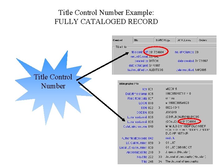  Title Control Number Example: FULLY CATALOGED RECORD Title Control Number 