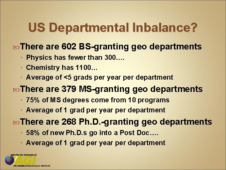 US Departmental Inbalance? There are 602 BS-granting geo departments Physics has fewer than 300….