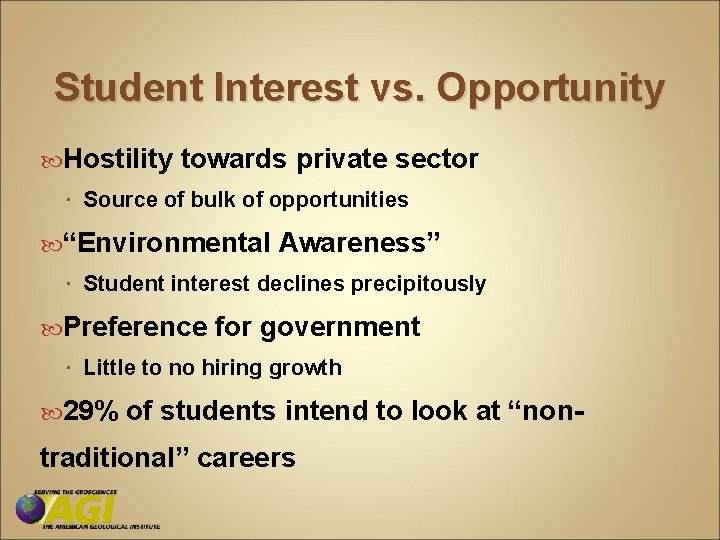 Student Interest vs. Opportunity Hostility towards private sector Source of bulk of opportunities “Environmental