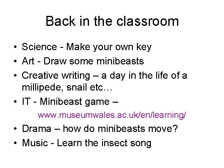 Back in the classroom • Science - Make your own key • Art -
