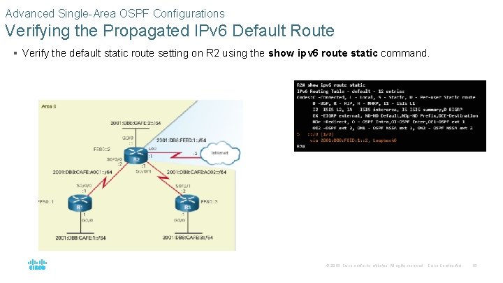 Advanced Single-Area OSPF Configurations Verifying the Propagated IPv 6 Default Route § Verify the