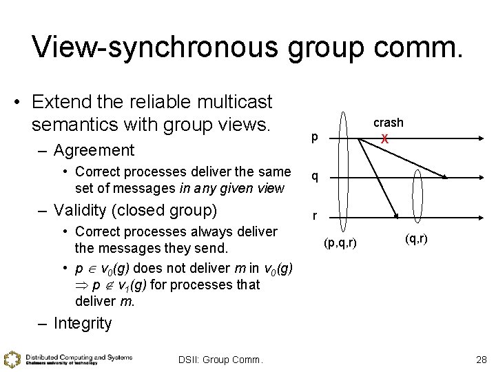 View-synchronous group comm. • Extend the reliable multicast semantics with group views. – Agreement