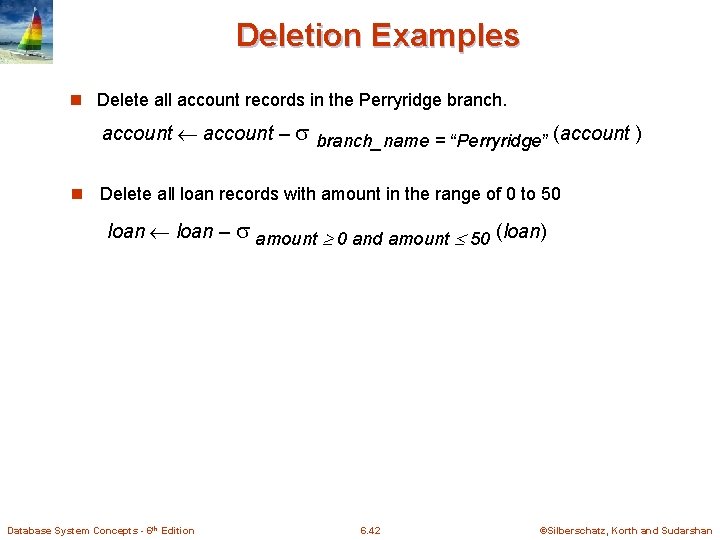 Deletion Examples n Delete all account records in the Perryridge branch. account – branch_name