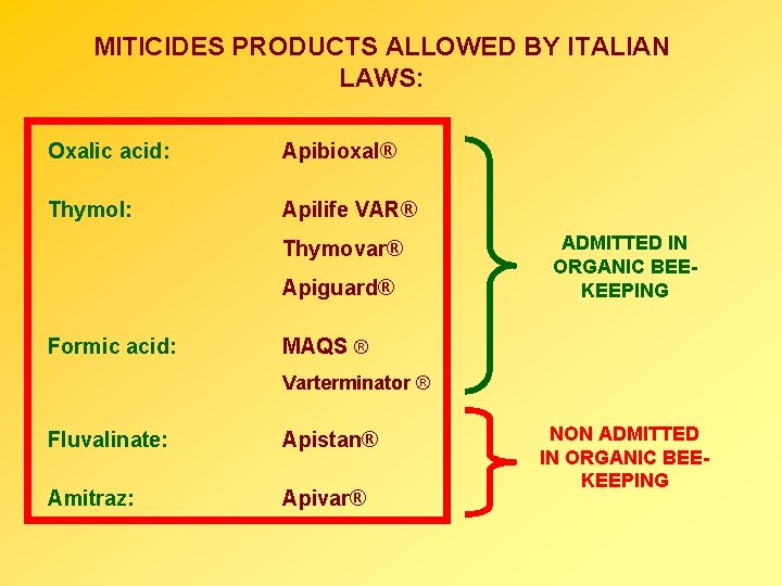 MITICIDES PRODUCTS ALLOWED BY ITALIAN LAWS: Oxalic acid: Apibioxal® Thymol: Apilife VAR® Thymovar® Apiguard®