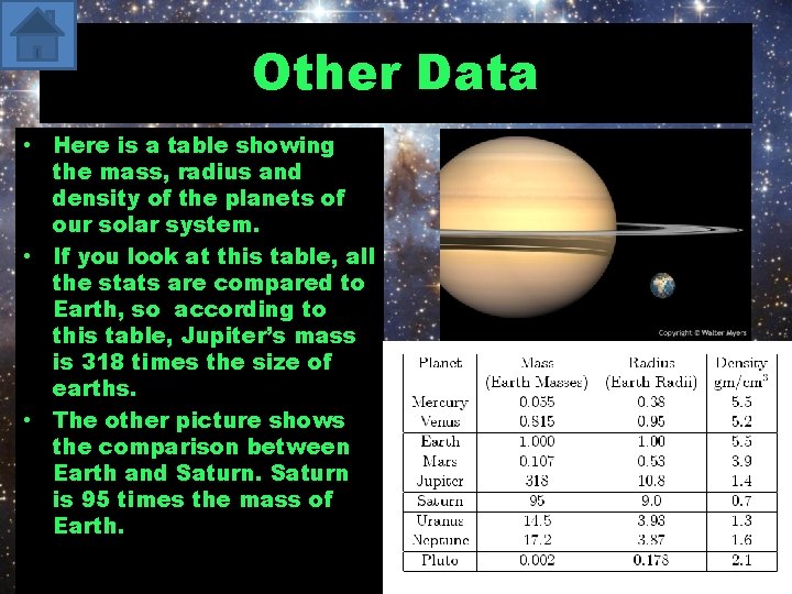 Other Data • Here is a table showing the mass, radius and density of