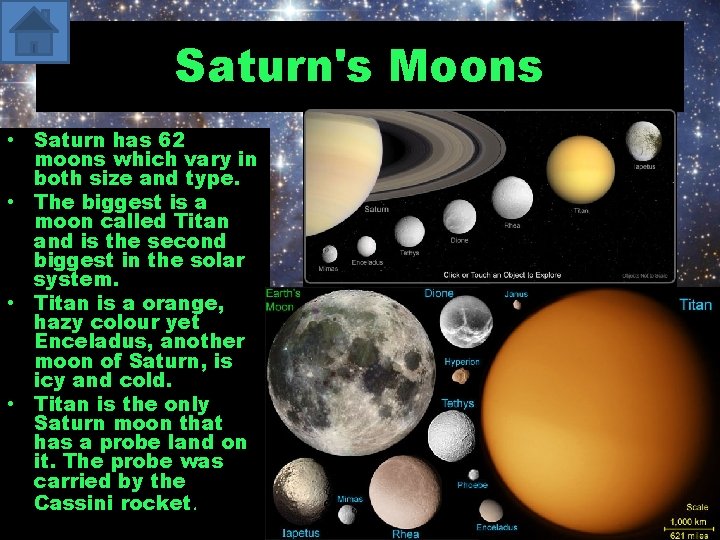 Saturn's Moons • Saturn has 62 moons which vary in both size and type.