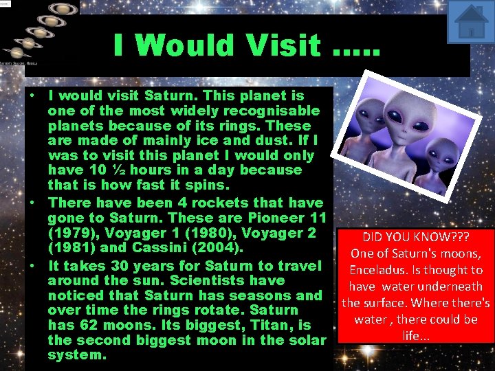 I Would Visit. . . • I would visit Saturn. This planet is one