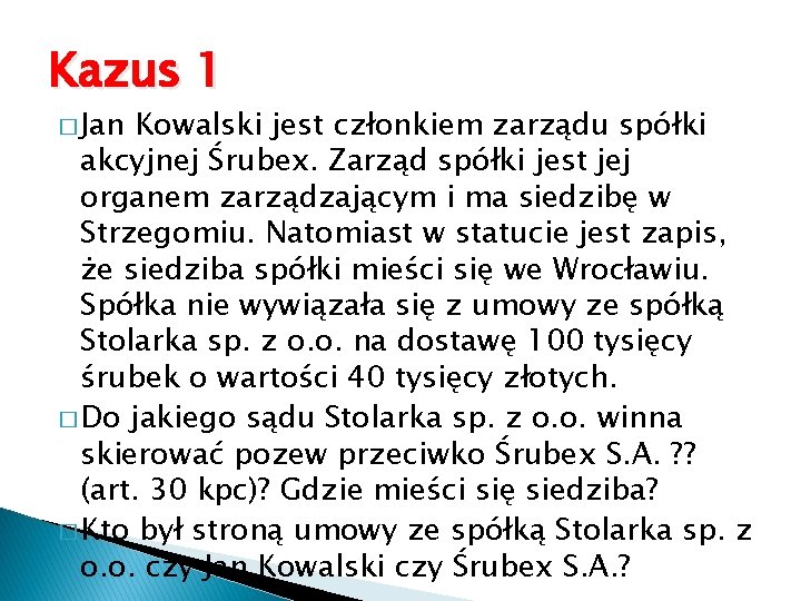 Kazus 1 � Jan Kowalski jest członkiem zarządu spółki akcyjnej Śrubex. Zarząd spółki jest