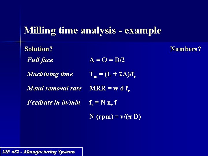 Milling time analysis - example Solution? Numbers? Full face A = O = D/2