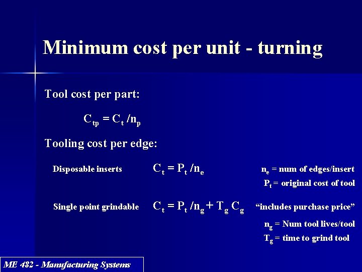 Minimum cost per unit - turning Tool cost per part: Ctp = Ct /np