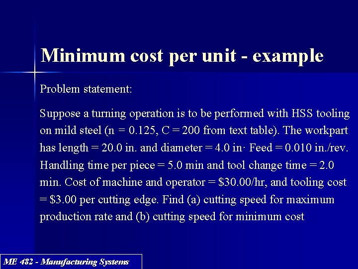 Minimum cost per unit - example Problem statement: Suppose a turning operation is to