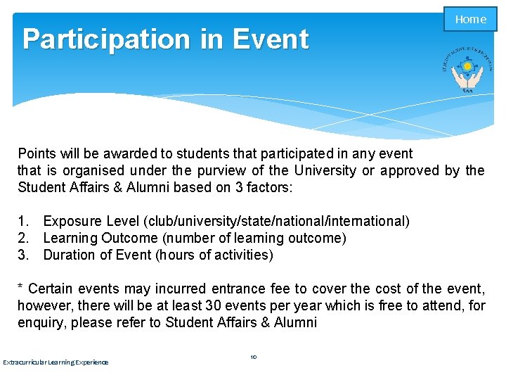 Participation in Event Home Points will be awarded to students that participated in any