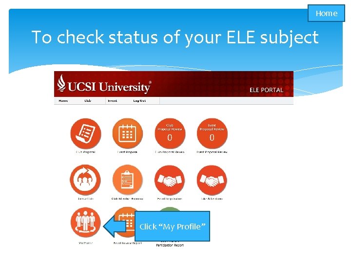 Home To check status of your ELE subject Click “My Profile” 