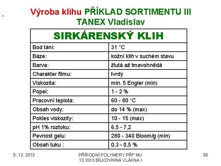  Výroba klihu PŘÍKLAD SORTIMENTU III TANEX Vladislav SIRKÁRENSKÝ KLIH Bod tání: 31 °C