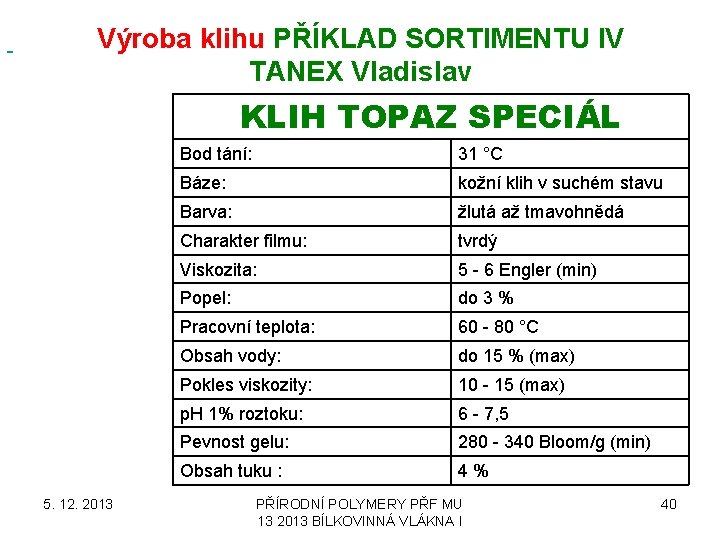  Výroba klihu PŘÍKLAD SORTIMENTU IV TANEX Vladislav KLIH TOPAZ SPECIÁL 5. 12. 2013