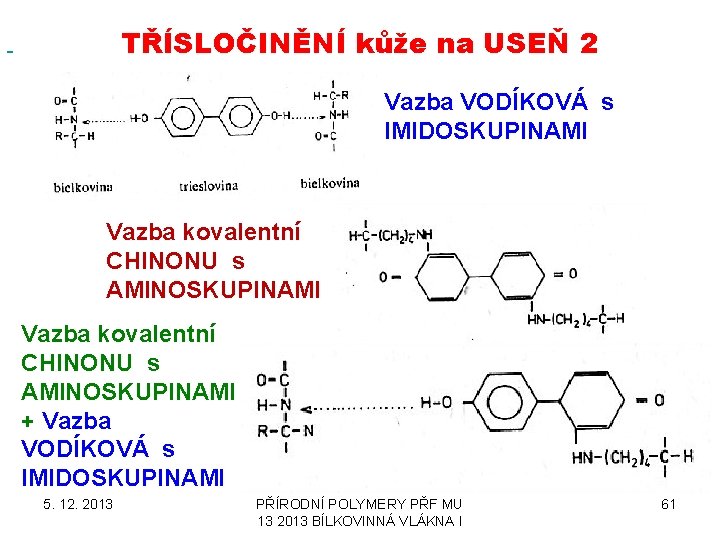  TŘÍSLOČINĚNÍ kůže na USEŇ 2 Vazba VODÍKOVÁ s IMIDOSKUPINAMI Vazba kovalentní CHINONU s