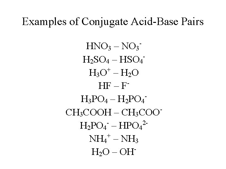 Examples of Conjugate Acid-Base Pairs HNO 3 – NO 3 H 2 SO 4