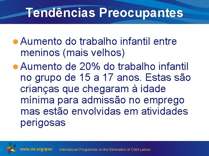 Tendências Preocupantes l Aumento do trabalho infantil entre meninos (mais velhos) l Aumento de