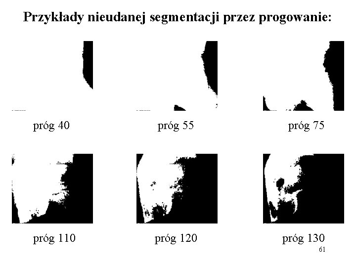 Przykłady nieudanej segmentacji przez progowanie: próg 40 próg 55 próg 75 próg 110 próg