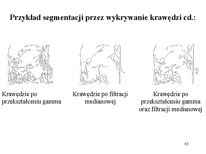 Przykład segmentacji przez wykrywanie krawędzi cd. : Krawędzie po przekształceniu gamma Krawędzie po filtracji