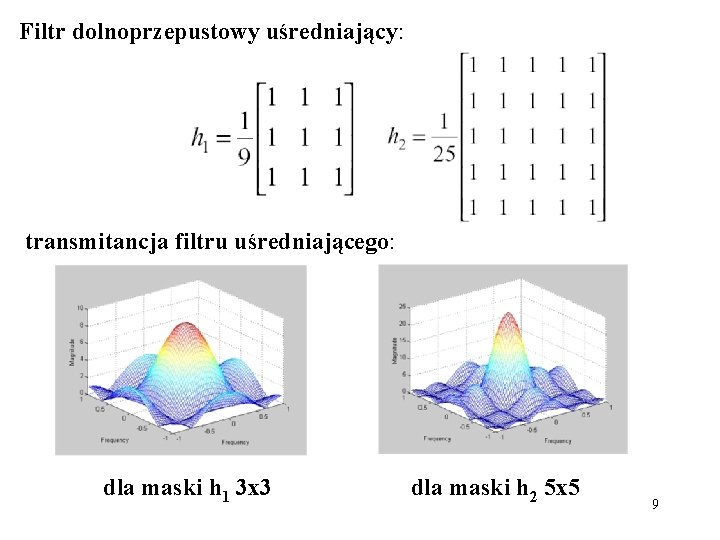 Filtr dolnoprzepustowy uśredniający: transmitancja filtru uśredniającego: dla maski h 1 3 x 3 dla