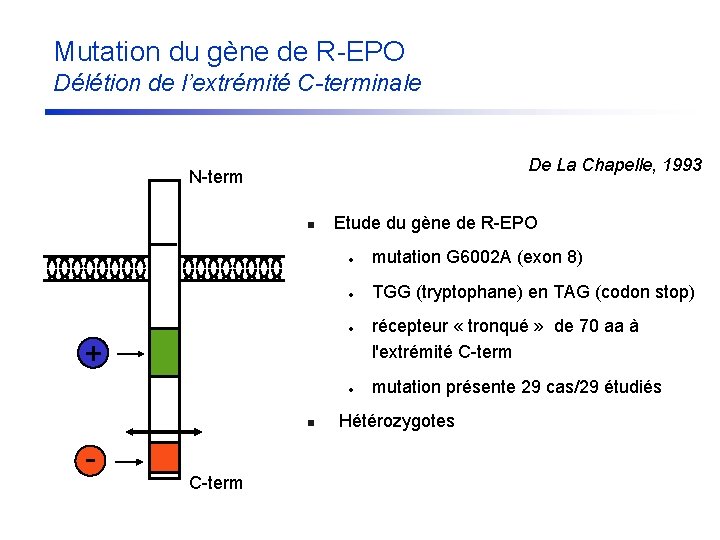 Mutation du gène de R-EPO Délétion de l’extrémité C-terminale De La Chapelle, 1993 N-term