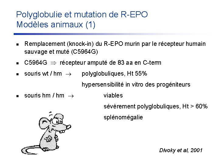 Polyglobulie et mutation de R-EPO Modèles animaux (1) n Remplacement (knock-in) du R-EPO murin