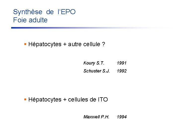 Synthèse de l’EPO Foie adulte § Hépatocytes + autre cellule ? Koury S. T.