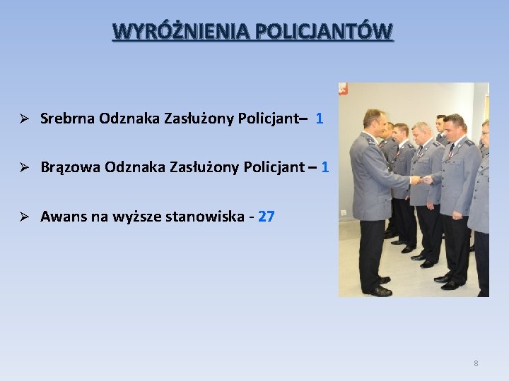 WYRÓŻNIENIA POLICJANTÓW Srebrna Odznaka Zasłużony Policjant– 1 Brązowa Odznaka Zasłużony Policjant – 1 Awans
