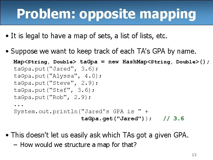 Problem: opposite mapping • It is legal to have a map of sets, a