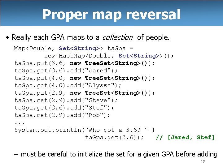 Proper map reversal • Really each GPA maps to a collection of people. Map<Double,
