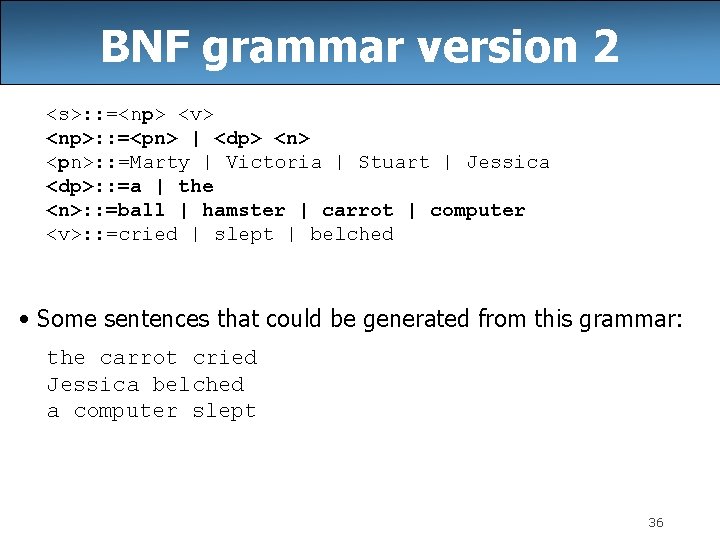 BNF grammar version 2 <s>: : =<np> <v> <np>: : =<pn> | <dp> <n>