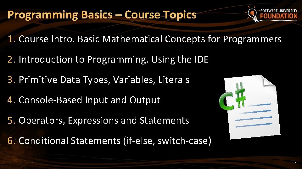 Programming Basics – Course Topics 1. Course Intro. Basic Mathematical Concepts for Programmers 2.