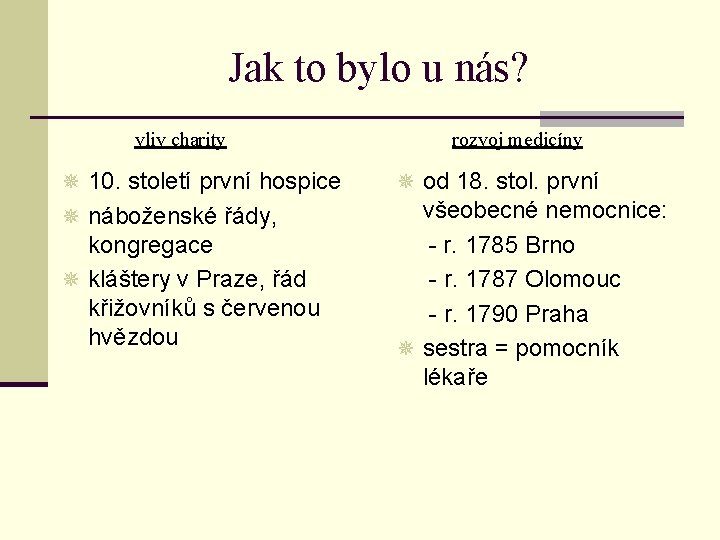 Jak to bylo u nás? vliv charity rozvoj medicíny ¯ 10. století první hospice