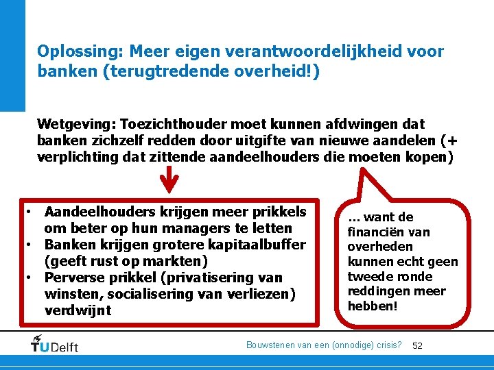 Oplossing: Meer eigen verantwoordelijkheid voor banken (terugtredende overheid!) Wetgeving: Toezichthouder moet kunnen afdwingen dat