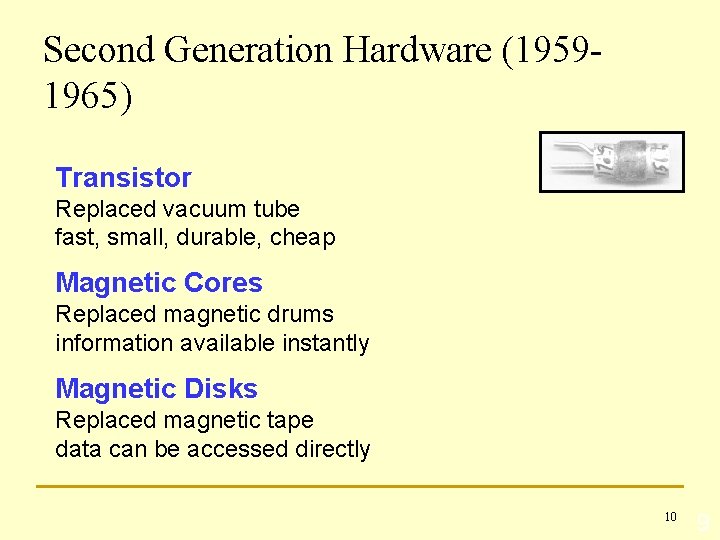Second Generation Hardware (19591965) Transistor Replaced vacuum tube fast, small, durable, cheap Magnetic Cores