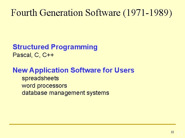 Fourth Generation Software (1971 -1989) Structured Programming Pascal, C, C++ New Application Software for