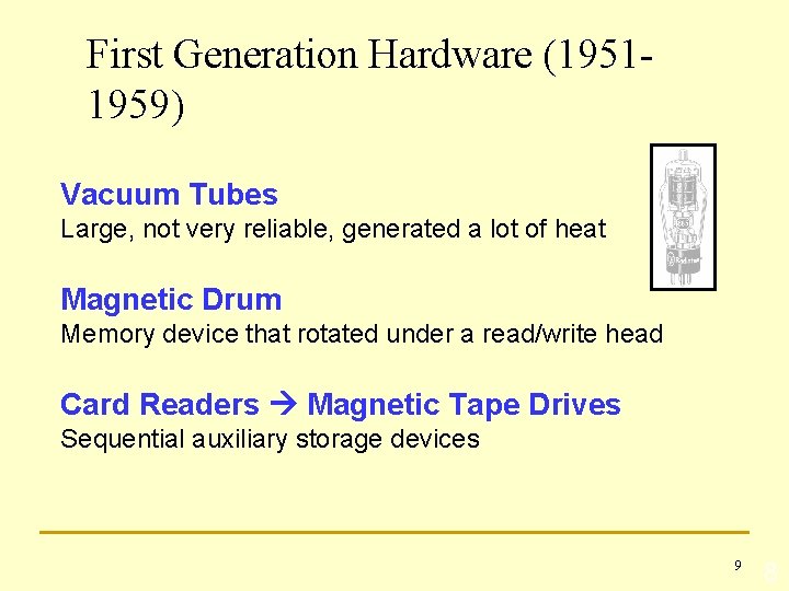 First Generation Hardware (19511959) Vacuum Tubes Large, not very reliable, generated a lot of