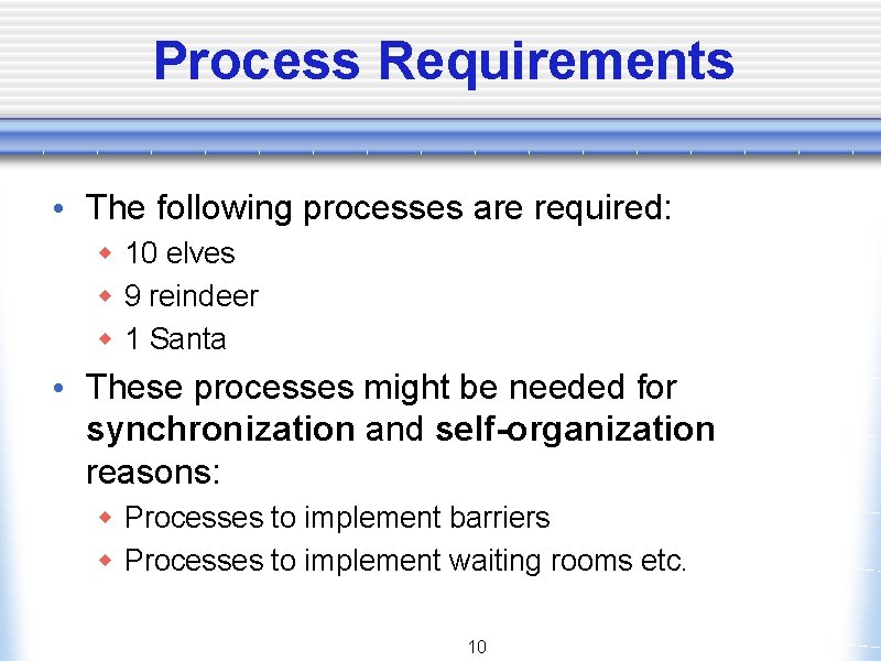 Process Requirements • The following processes are required: w 10 elves w 9 reindeer
