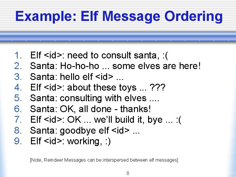 Example: Elf Message Ordering 1. 2. 3. 4. 5. 6. 7. 8. 9. Elf