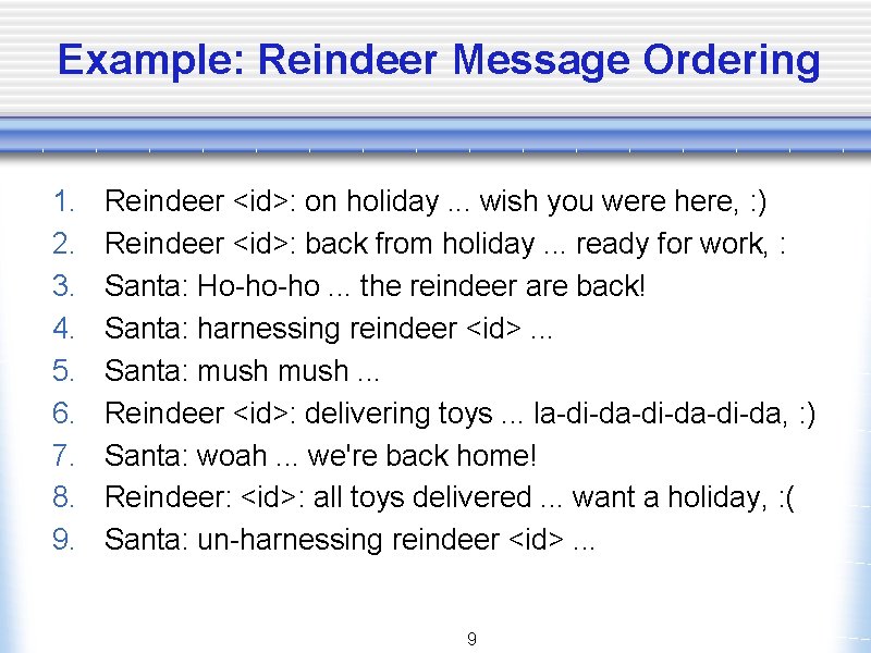 Example: Reindeer Message Ordering 1. 2. 3. 4. 5. 6. 7. 8. 9. Reindeer