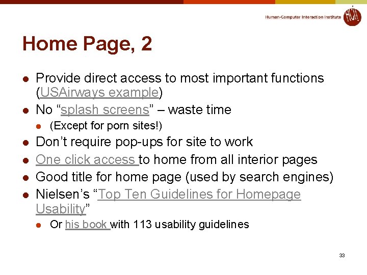 Home Page, 2 l l Provide direct access to most important functions (USAirways example)