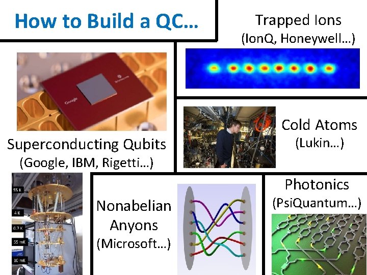 How to Build a QC… Superconducting Qubits Trapped Ions (Ion. Q, Honeywell…) Cold Atoms