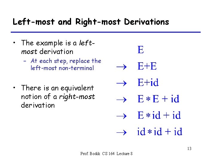 Left-most and Right-most Derivations • The example is a leftmost derivation – At each