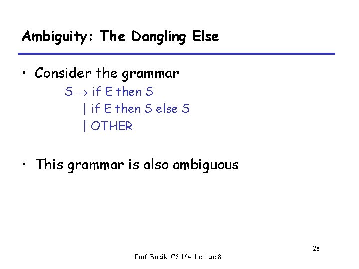 Ambiguity: The Dangling Else • Consider the grammar S if E then S |